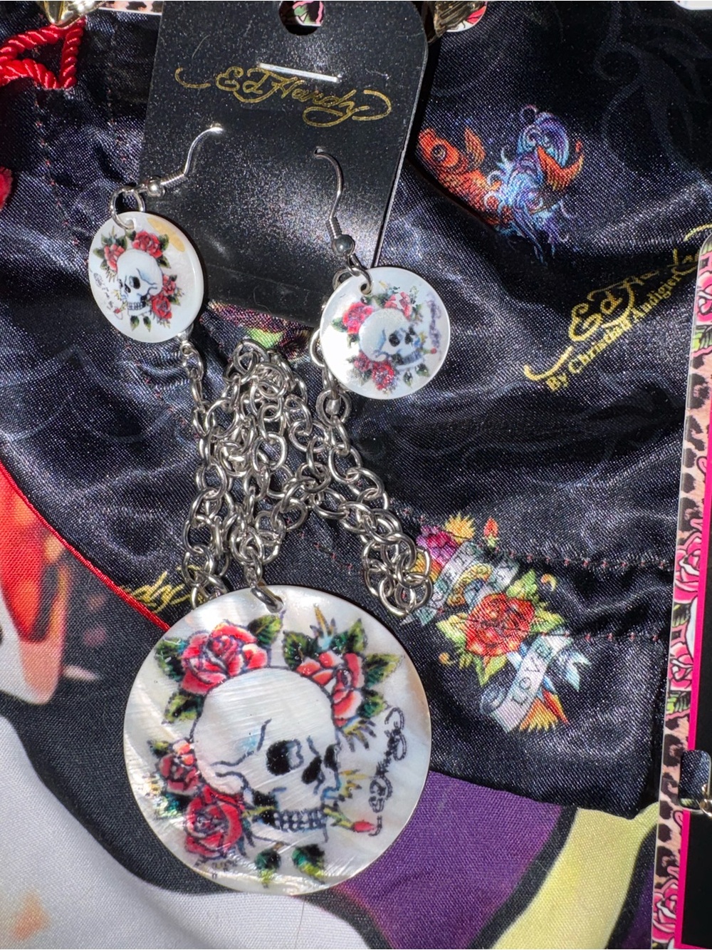 Ed Hardy White Skull & Red Rose Pendant Necklace with Earrings